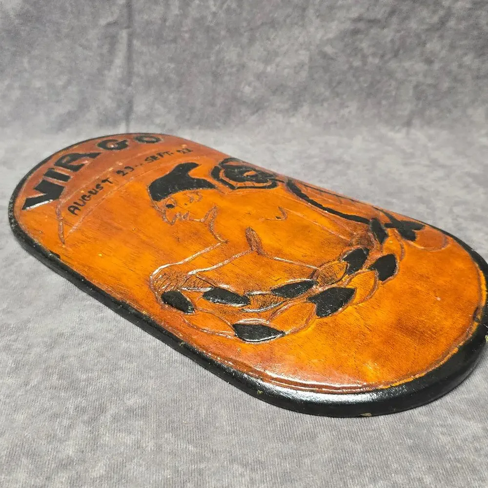 Primitive Handmade Wooden Virgo Astrological Zodiac Sign Horoscope Wall Plaque